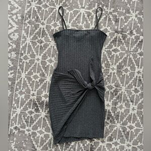 MAY PINK Grey Spaghetti Strap Tie Waist Square Neck Ribbed midi Dress XS